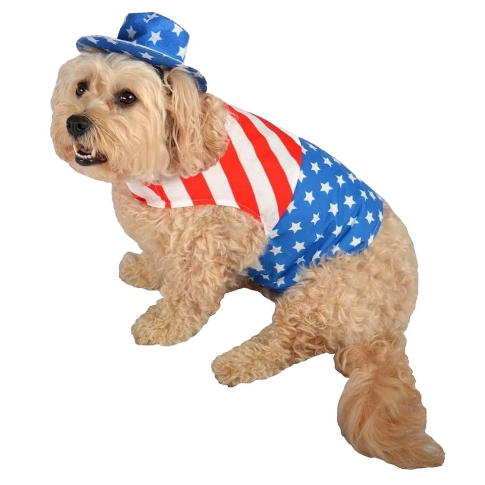 Disfraz Patriótico Perro Bandera Americana Mascota Camiseta y Sombrero Conjunto Tío Sam Foto 1 de 1