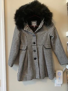 Cat & Jack Girls Black And White Dress Coat with Faux Fur Lined Hood Size Medium - Picture 1 of 10
