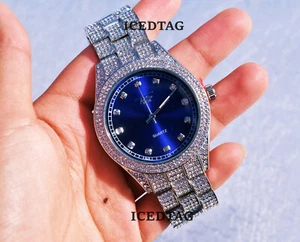 HIP HOP ICED BLING-ED OUT WH. GOLD PT LUXUS BLAUES ZIFFERBLATT LABOR DIAMANT HERREN UHR - Bild 1 von 2