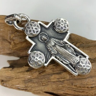 Cruz Católica Virgen María Grande Plata de Ley 925 con Collar Flor Colgante Foto 1 de 4