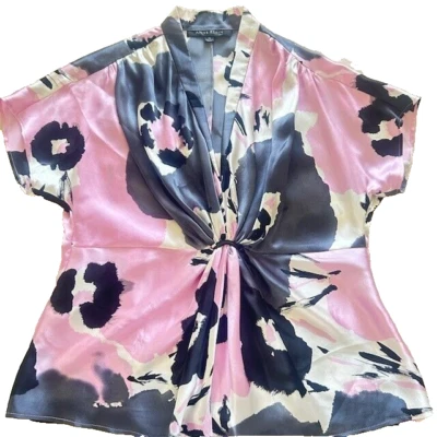 Blusa de mujer Anne Klein talla 14 100 % seda rosa audaz y negra acanalada plisada Foto 1 de 4