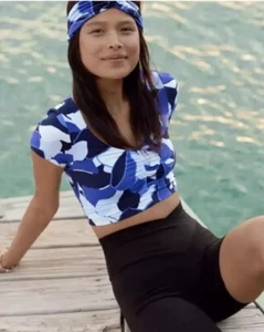 OFFLINE by Aerie Real Me Cropped T Shirt, Size Medium Top Blue Retro NWT - Picture 1 of 5