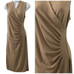 Ralph Lauren Faux Wickelkleid Rüschen Etui Surplice Ponte Strick neutral hellbraun Small - Bild 1 von 8