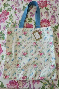 NEW SHaBBy Chic Rachel ASHWELL Blue & PiNk RoSeS/BIRDS Couture CLOTH TOTE BAG! - Picture 1 of 5