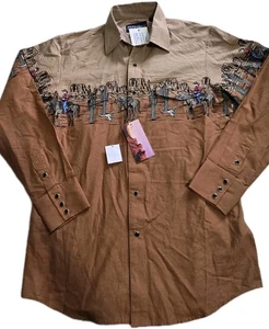 Panhandle Men's Horse & Rider Border Camel Snap Shirt SMN2S04460 - Picture 1 of 8