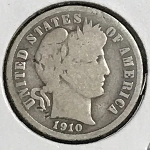 Moneda de diez centavos de barbero de EE. UU. buen detalle marcas pequeñas 1910-S - Imagen 1 de 2