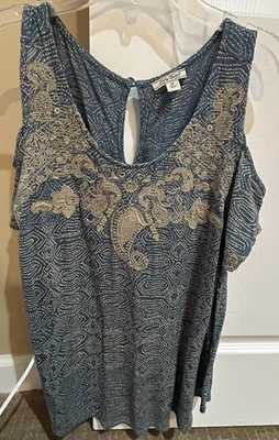 Lucky Brand 女式中号乡村蓝色带卡其色刺绣露肩 — 第 1/4 张图片