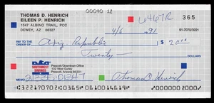 BÉISBOL AUTOGRAFIADO POR TOMMY HENRICH PERSONAL 1991 CHEQUE DE LOS NEW YORK YANKEES - Imagen 1 de 1