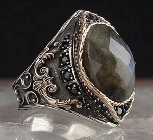 925 Sterling Silver Men's Ring Turkish Handmade Natural Stone Labradorite Stone - Picture 1 of 2