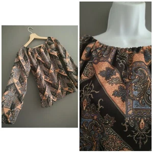 Vintage 70s Black Brown Leaf Pattern Gypsy Peasant Top Blouse 10 12 M Hippy - Picture 1 of 7