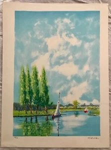 HERMOSA IMPRESIÓN ARTÍSTICA PINTURA PAISAJE LAGO VINTAGE EDICIÓN LIMITADA FIRMADA A MANO - Imagen 1 de 3