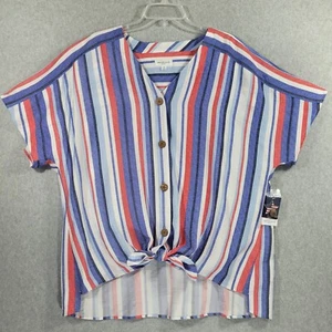 Westbound Womens Blouse Wood Buttons Tie Waist Red White Blue Black Stripe 1X - Picture 1 of 10