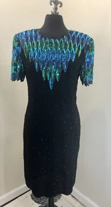 Vintage Stenay Beaded Sequin Peacock Multi Cocktail Silk Keyhole - 80s -10 - Picture 1 of 10