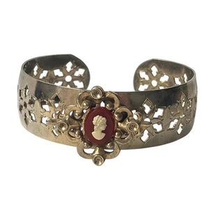 Vintage Victorian Womens Cameo Cuff Bracelet Jewelry Silver Tone 1940s - Picture 1 of 6
