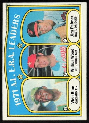 1972 Topps #92 1971 A.L. E.R.A. Leaders (Vida Blue / Wilbur Wood / Jim Palmer) Foto 1 de 2