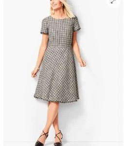 NWT Talbots Tweed Fit And Flare Dress Women Size 14 Black White Fringe Crew Neck - Picture 1 of 19