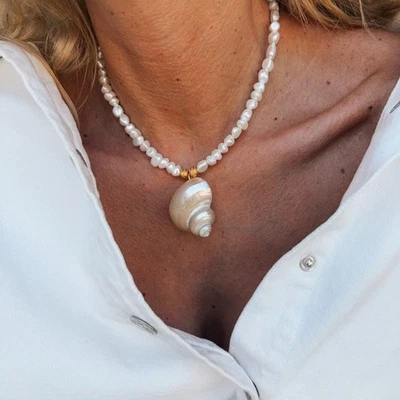 Handcrafted Turquoise Shell Necklace Imitation Pearls Beaded Design Adjustable - Image 1 of 4