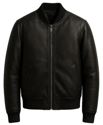 Men’s Black Real Leather Bomber Jacket | Classic Zip-Up Biker Style Coat - Image 1 of 3