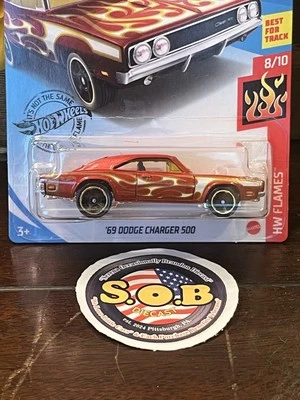 Hot Wheels 1969 Dodge Charger 500 vermelho com chamas fundido lacrado usado quase perfeito estado - Imagem 1 de 4