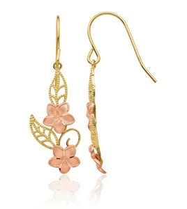 14K Solid Two Tone Gold Hawaiian Plumeria Flower Dangle Earrings - Picture 1 of 11