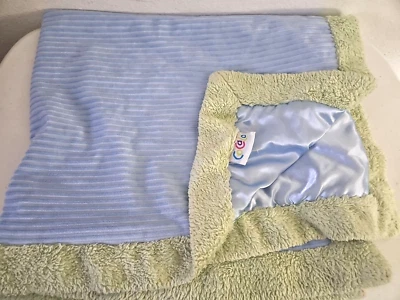 Cocalo Baby Blanket Blue Corduroy Green Furry Trim Satin Back Babies R us - Image 1 of 4