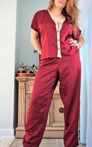Wine Red 2PC Satin pajama set Gold sparkle trim sleep set shirt pants NWT XL-3X - Picture 1 of 7