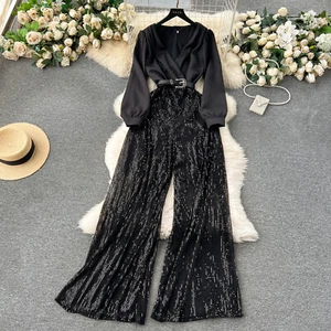 Womens Elegant V Neck Long Sleeves Slim Sequin Loose Wide Legs Pants Jumpsuits - Picture 1 of 26
