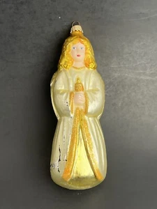 VINTAGE  KREBS German Glass Xmas Ornament Gold Blonde Angel Holding A Candle - Picture 1 of 8