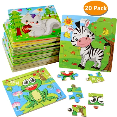 20 Pack Wooden Jigsaw Puzzles for Toddlers Baby Kids  3 4 5Years Old Color Shape - Image 1 of 4
