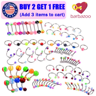 100PCS 316L Horseshoe Lip Rings Eyebrow Nose Hoop Belly Rings Barbells Piercing - Image 1 of 4