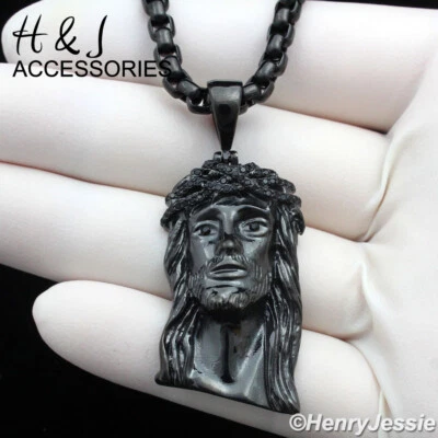 18-36"Stainless Steel 4mm Black Plated Box Link Chain CZ Jesus Head Pendant*B133 - Image 1 of 4