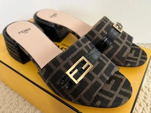 NIB Fendi FF Brown Logo Print Buckle Black Leather Mule Sandals Pumps 36 6 $895 - Picture 1 of 19