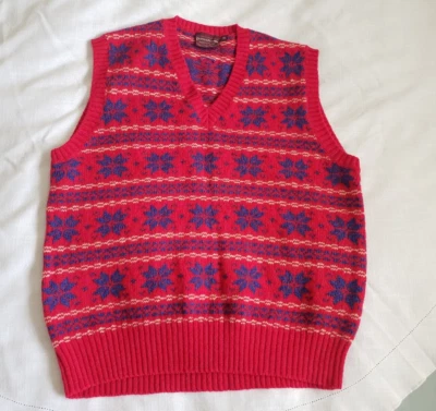 Vtg CHAPS Ralph Lauren SHETLAND WOOL Sweater VEST Men XL Red/Blue Snowflake Xmas - Image 1 of 4