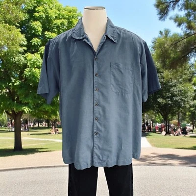 Panama Jack Mens XXL Button Up Shirt Blue Short Sleeve Ramie Cotton Relaxed Fit - Image 1 of 4