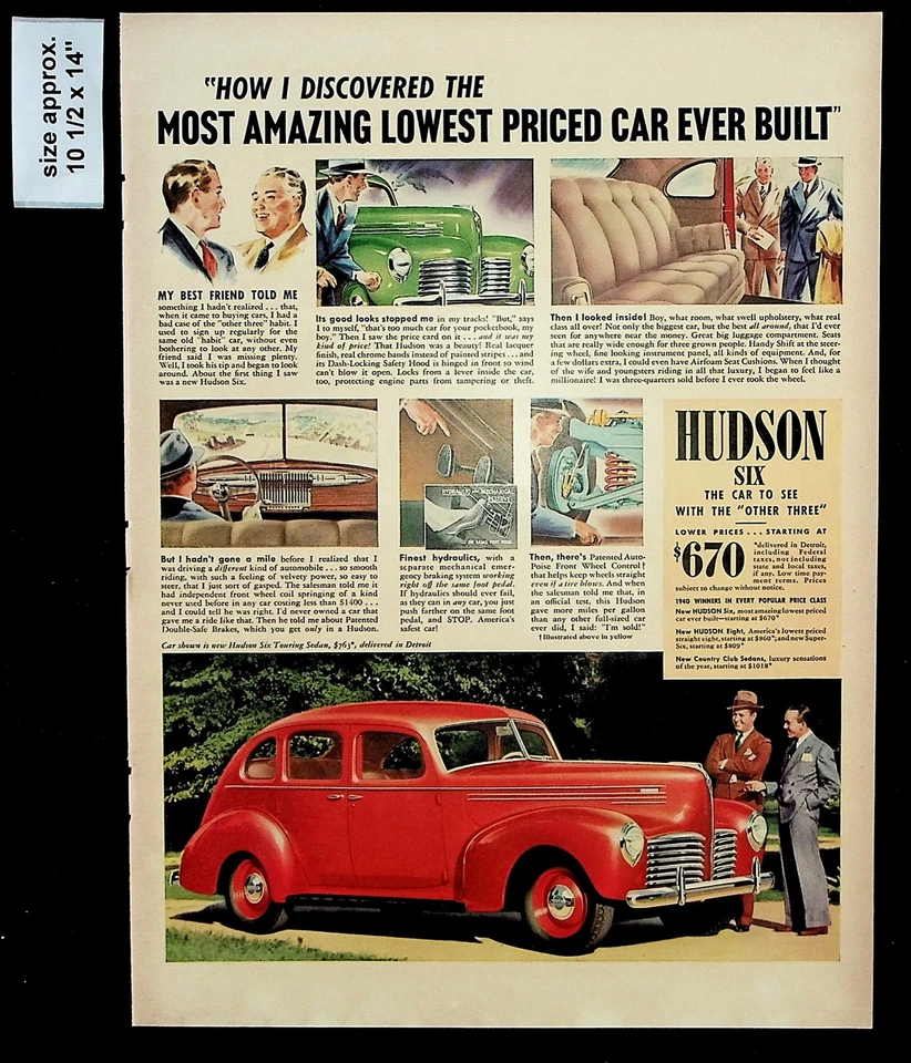 1940 Hudson Six Dealer Red Car Low Price Touring Sedan Vintage Print Ad 36145 - Image 1 of 1
