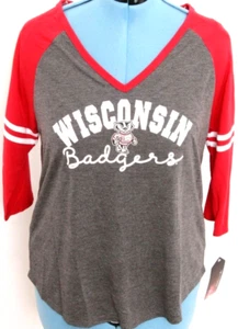 NEW Wisconsin Badgers Colosseum Gray 3/4 Sleeve V-neck Tee T-Shirt Women's M - Picture 1 of 9
