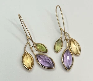 14K Solid Gold Leaf Multi Gemstone Tricolor Pierced Earrings Amethyst Peridot - Picture 1 of 5