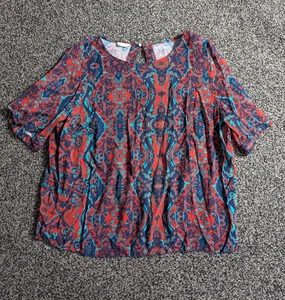 Monsoon Blouse Large Blue Red Abstract Aztec Print Paisley Top - Picture 1 of 7