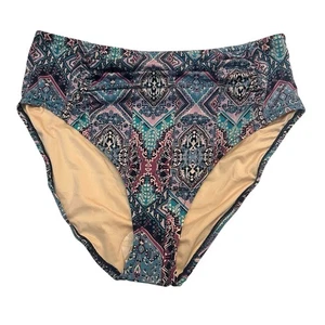 Garnet Hill Bikini Bottom 14 Ruched Geometric Print Blue Multi High Rise Modest - Picture 1 of 7