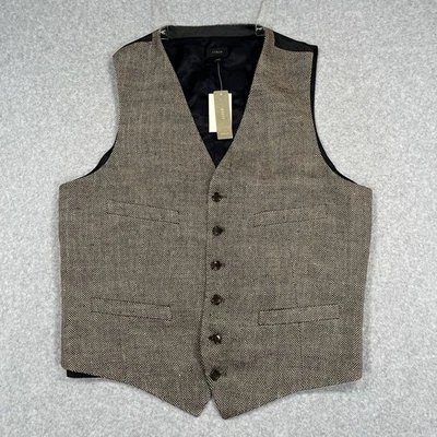 J Crew Ludlow Suit Vest Waistcoat Sz M Brown Herringbone Italian Linen 6 Button - Image 1 of 4