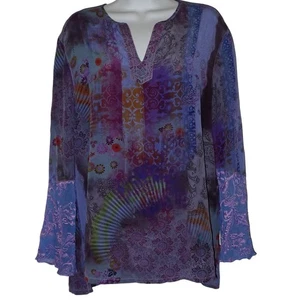 Tianello Seide Bluse Top Damen XL lila bestickt Blumen Boho launisch Retro - Bild 1 von 7