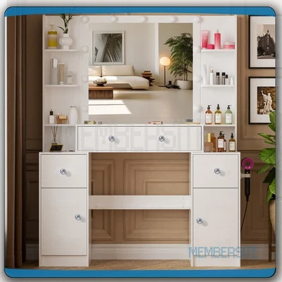 Tocador tocador de maquillaje 110 cm tocador con espejo y 11 bombillas LED 5 cajones blanco Foto 1 de 4