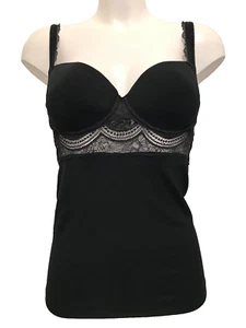 Black T-shirt Bra Vest Top 36B Underwired Smooth Padded Cups pretty lace trim - Imagen 1 de 10