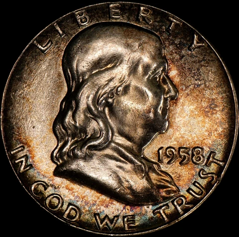 1958 Franklin Half Dollar Silver UNC, Nice Tone, As Shown 977 Cover