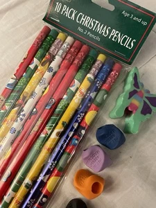 Vintage Retro Neu Bleistiftgreifer Weihnachten mit farbigen Radiergummis Schmetterling Posten 80er - Bild 1 von 14