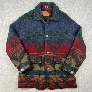 VINTAGE Woolrich Navajo Aztec Wool Jacket USA Made Medium Mens Button Blue Red - Picture 1 of 7