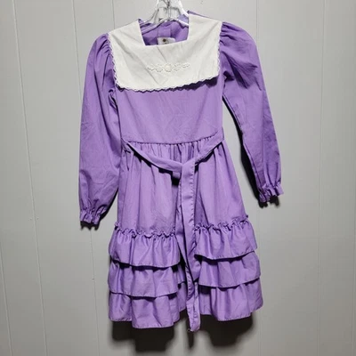 Vestido Vintage Años 70 Winnie the Pooh Púrpura 8 Manga Larga Volantes Cuello Peter Pan Foto 1 de 4