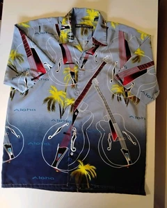 Vtg Box Office XL Hawaiian Shirt Short Sleeve Hula Lap Guitar Blue - Picture 1 of 5