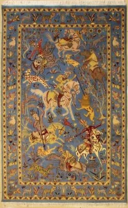 Rugstc 4.5x7 Senneh Pak Persian Blue Rug,Hand-Knotted,Pictorial Hunting,Silk/Woo - Picture 1 of 5