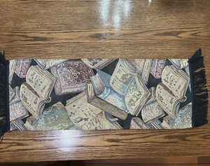 Vtg AMROSE Book Lover 12” X 36” Library Tapestry Table Runner w/ Fringe - Picture 1 of 9